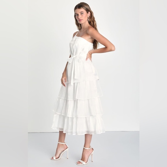 Sweetest Success White Organza Tiered One-Shoulder Midi Dress by Lulus. NWT! - Picture 3 of 5